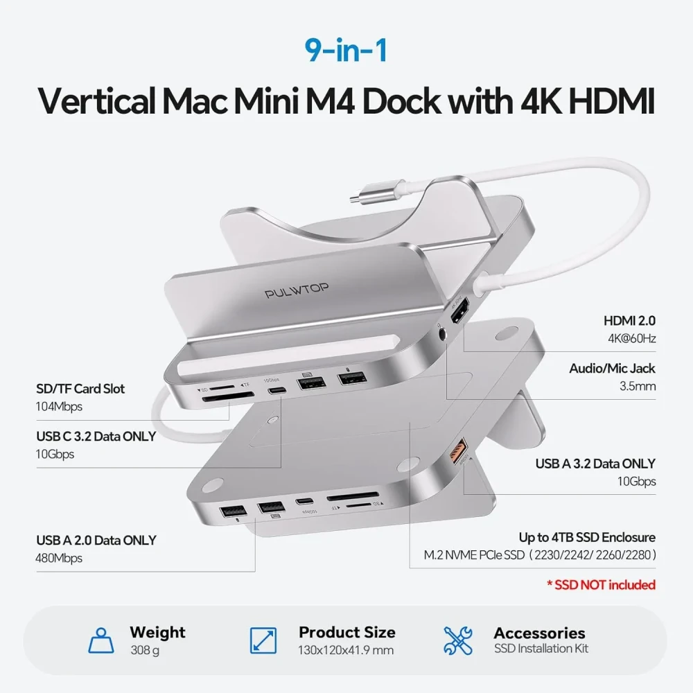 PULWTOP BS212D 9-in-1 Mac mini M4 Dock with SSD Enclosure, HDMI 4K & USB-C 10Gbps (SSD NOT Included)PULWTOP BS212D